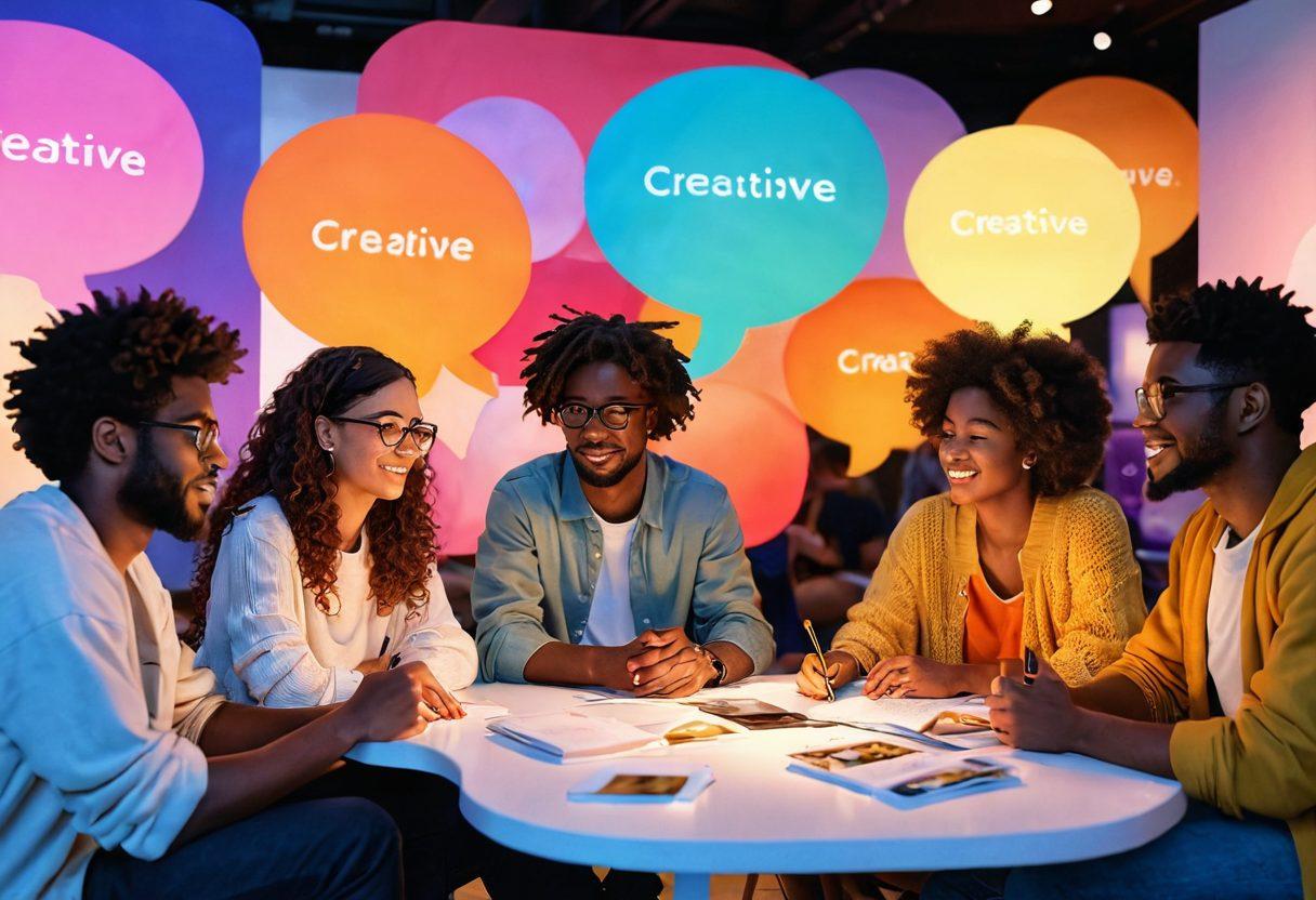 A diverse group of people gathered in a cozy digital environment, each expressing themselves through various forms of creative media like writing, painting, and music. Vibrant speech bubbles illustrate their unique stories, while a glowing digital community backdrop symbolizes connection and support. Warm colors and soft lighting evoke a sense of comfort and belonging. super-realistic. vibrant colors. 3D.