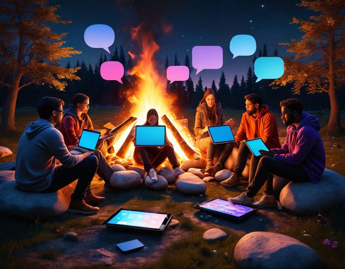 A vibrant illustration of diverse individuals sitting together around a digital campfire, sharing stories through various media (laptops, tablets, and smartphones). Include visual elements like speech bubbles and glowing connections symbolizing communication and community. The atmosphere should feel warm and inviting, reflecting the beauty of storytelling in the digital age. super-realistic. vibrant colors. 3D.
