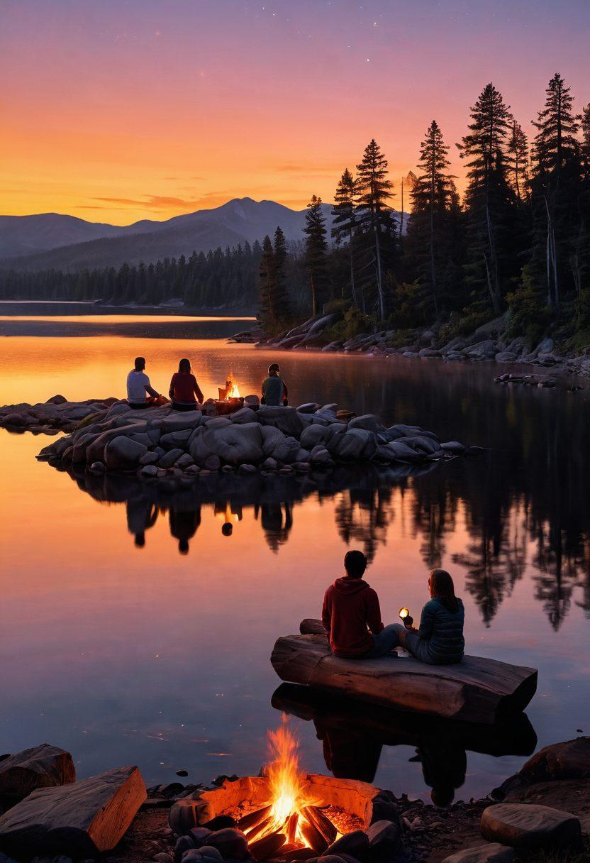 A serene lake reflecting a glowing sunset, where a diverse group of people are sharing stories around a campfire on the shore. The scene captures genuine smiles and vivid expressions, emphasizing the power of personal connections through narratives. Include elements like an open book beside the fire and twinkling stars emerging in the twilight sky. super-realistic. warm colors. tranquil atmosphere.